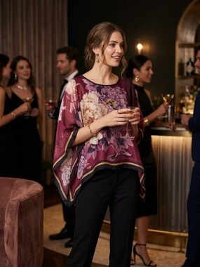 Floral Satin Poncho Top - Burgundy
